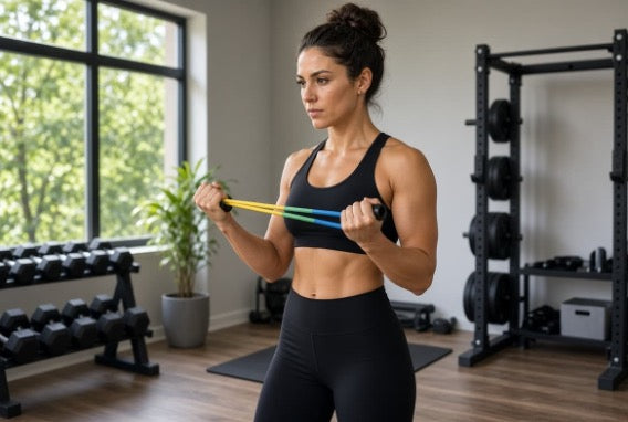 Resistance bands used by woman for upper arm workout